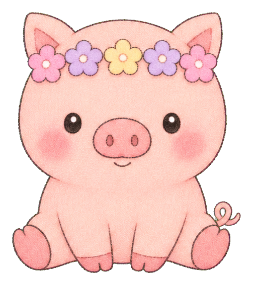 Cute pink pig sitting with a pastel flower crown on its head