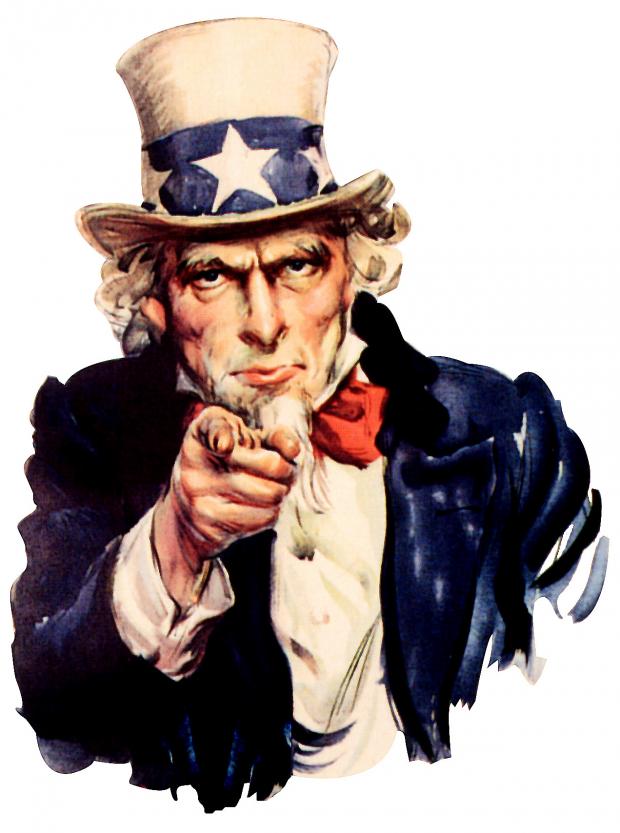 Uncle Sam illustration pointing forward in a patriotic hat and suit