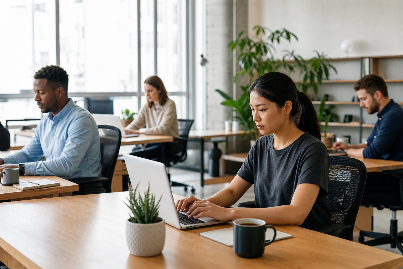 People working on laptops in a modern open office with desks and plants