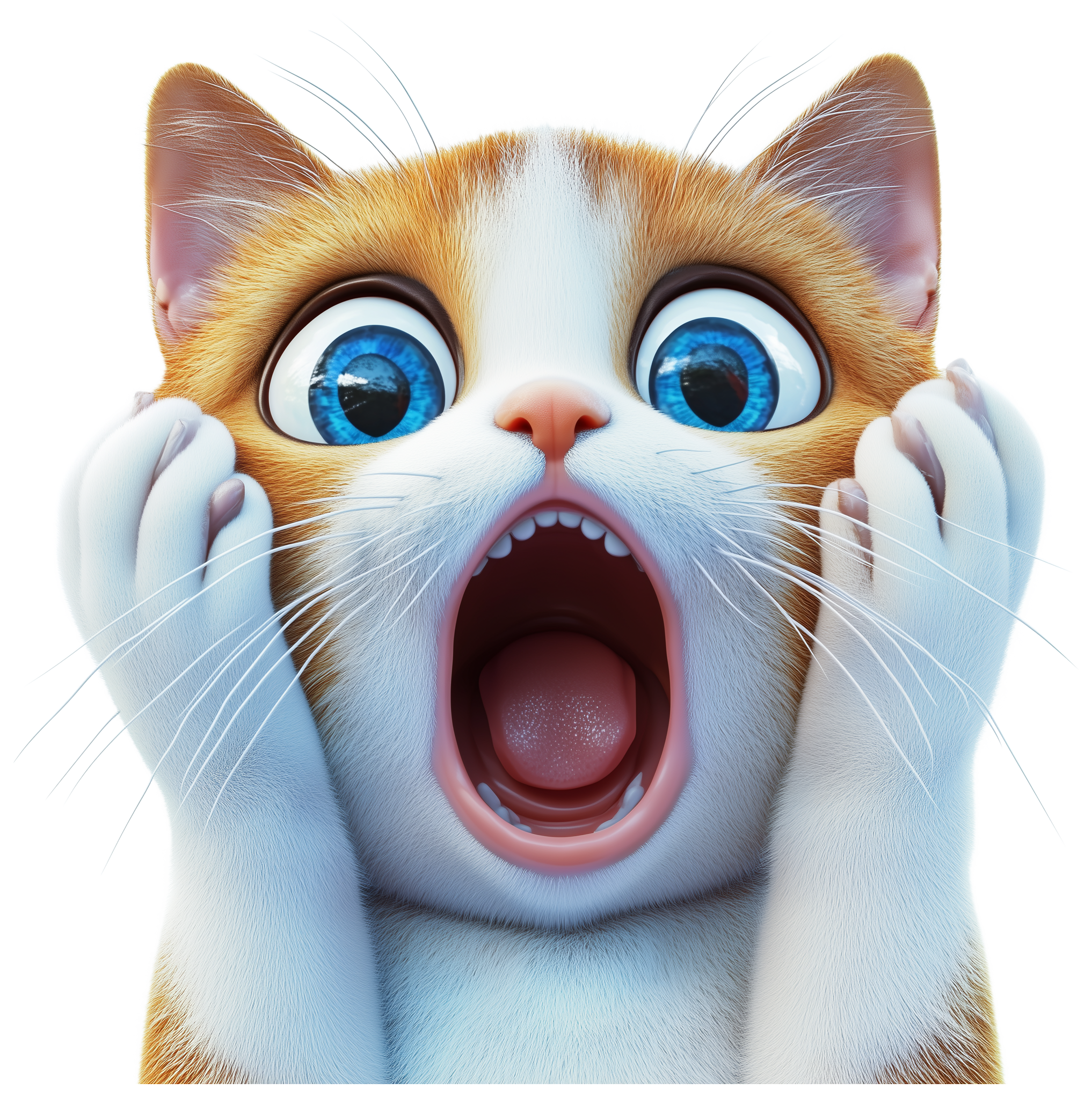 Wide-eyed cartoon cat with open mouth and paws on cheeks, looking surprised.