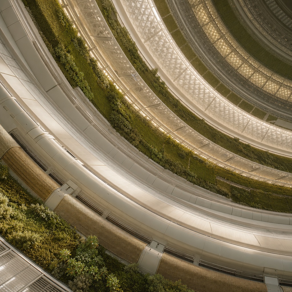 Curved orbital habitat ring with sunlit mossy pathways and layered interior arcs