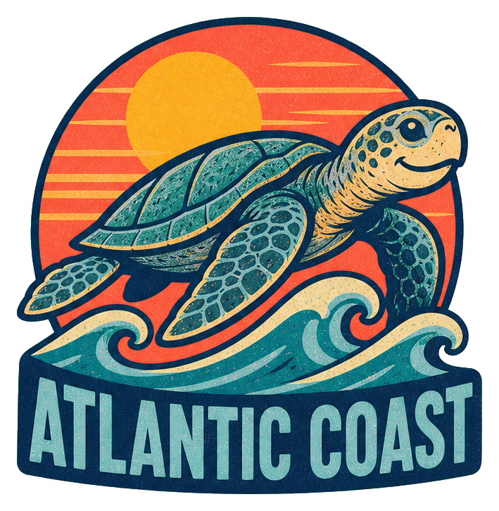 Retro sticker of a sea turtle above waves with Atlantic Coast text and a sunset