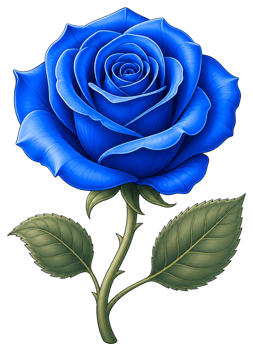 Blue fantasy rose with layered petals and two green leaves on a stem