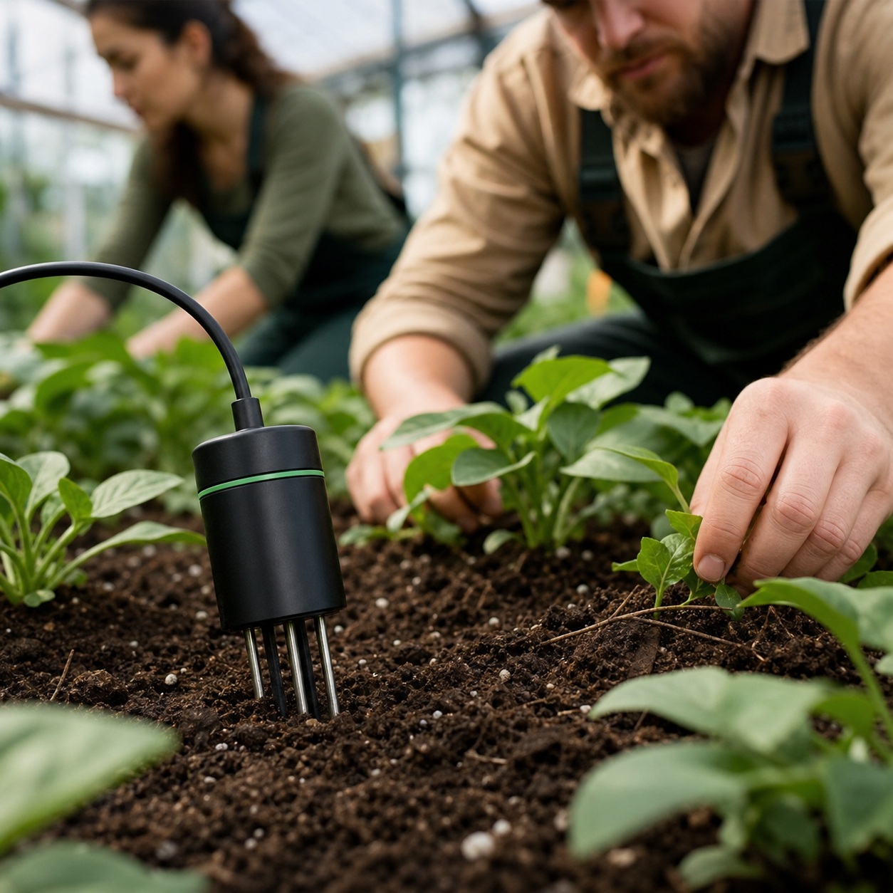 People tending plants with a soil sensor device in a garden bed