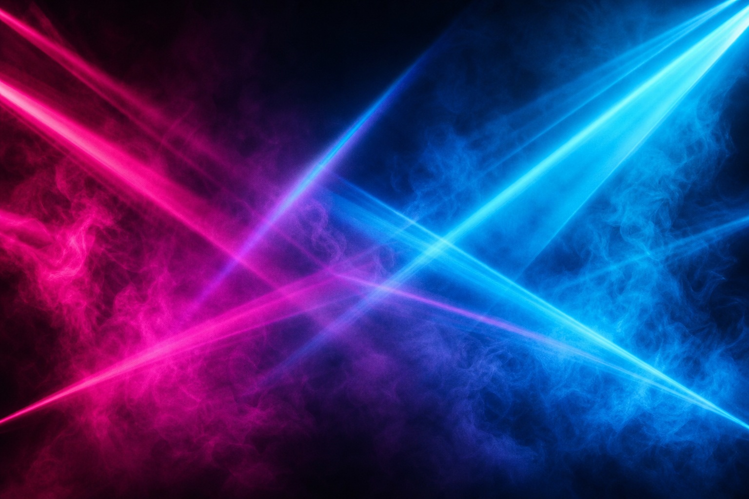 Pink and blue neon light beams crossing over a dark smoky background.