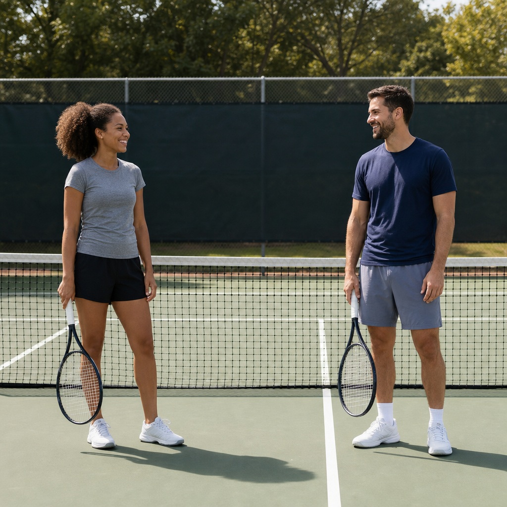 Two people standing on a tennis court holding rackets and facing each other.
