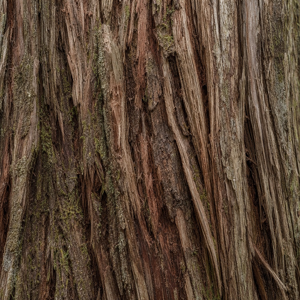 Close-up of weathered cedar bark with layered brown and green texture