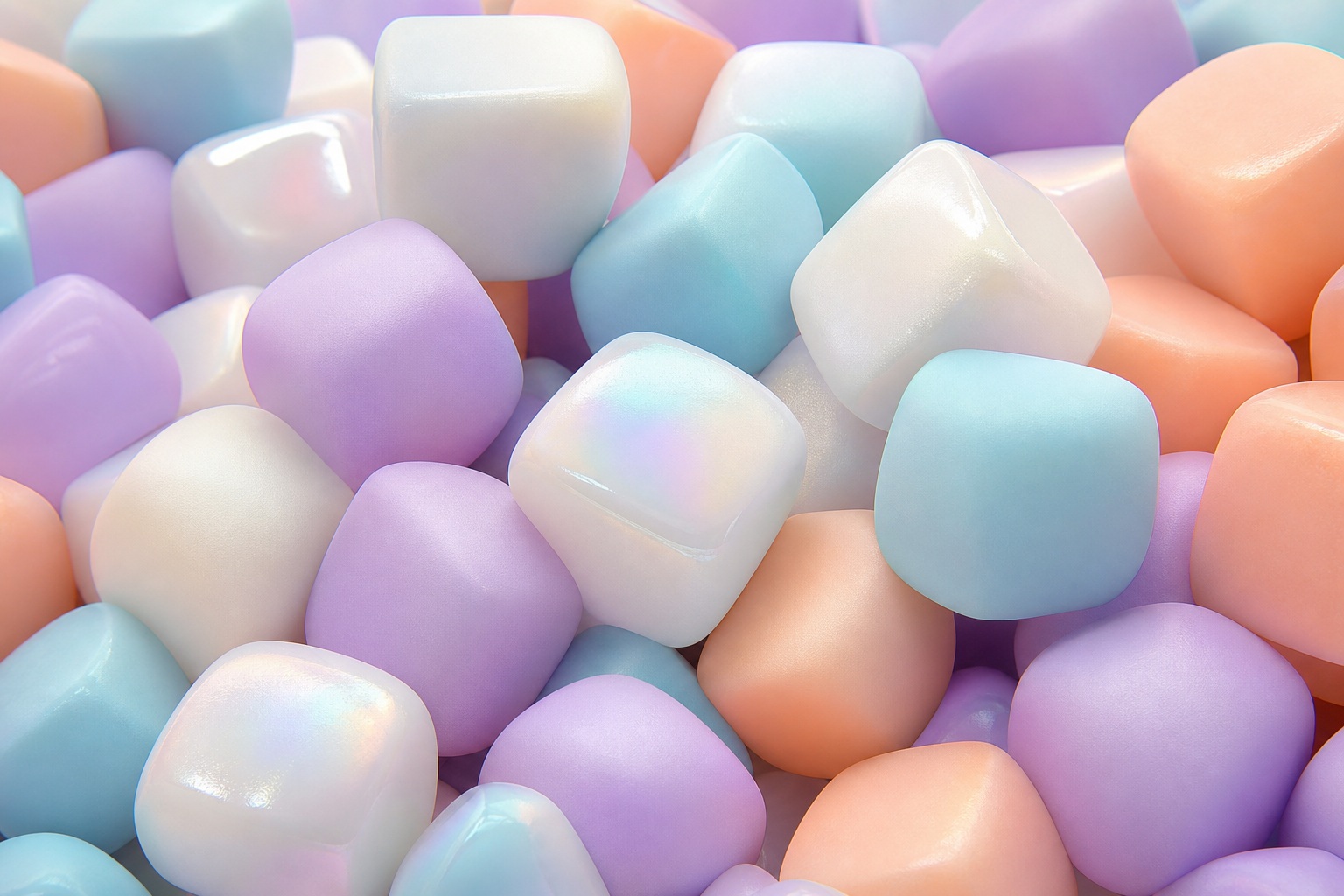 Pastel 3D cubes in soft lavender, peach, blue, and cream tones.