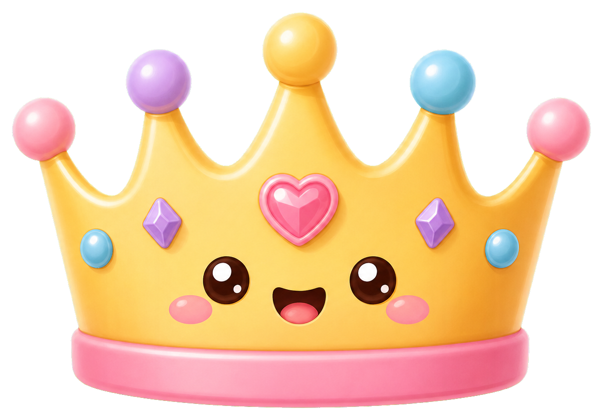 Cute gold party crown with pink base, hearts, gems, and a smiling face