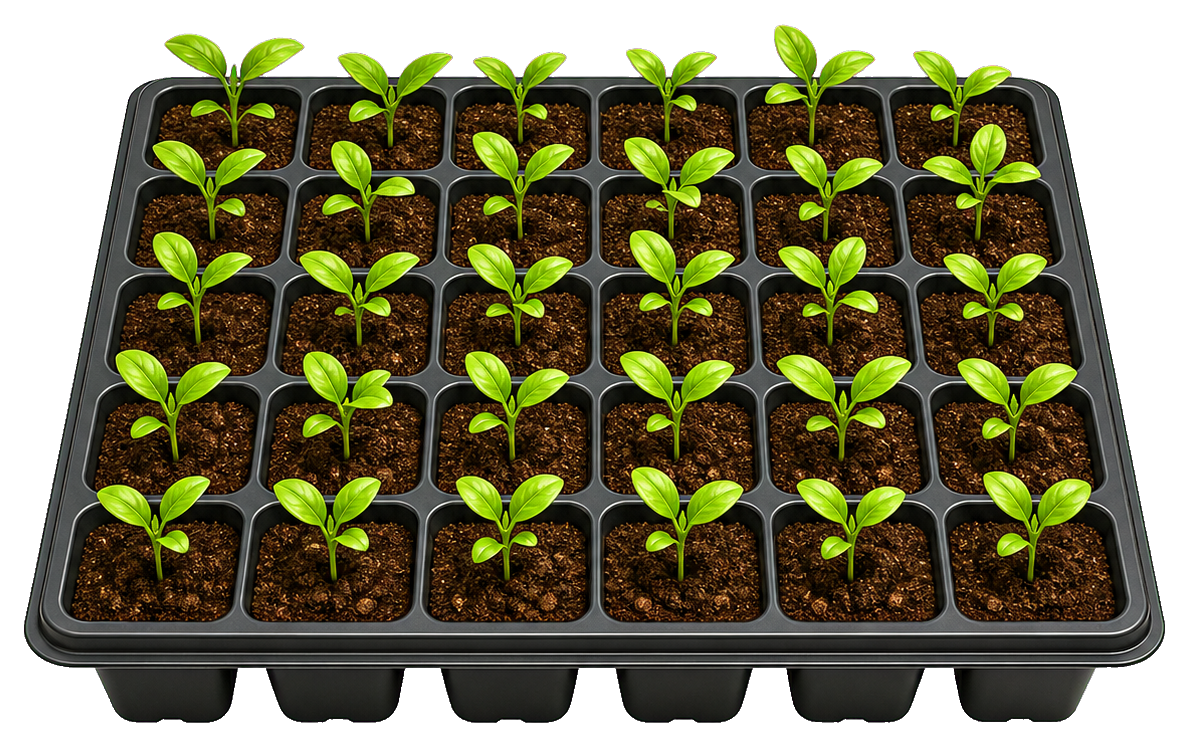 Tray of small green seedlings growing in soil cells