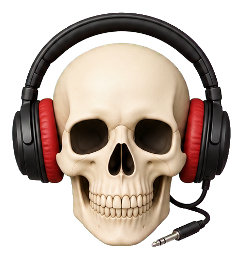 Skull wearing red headphones with a microphone attached