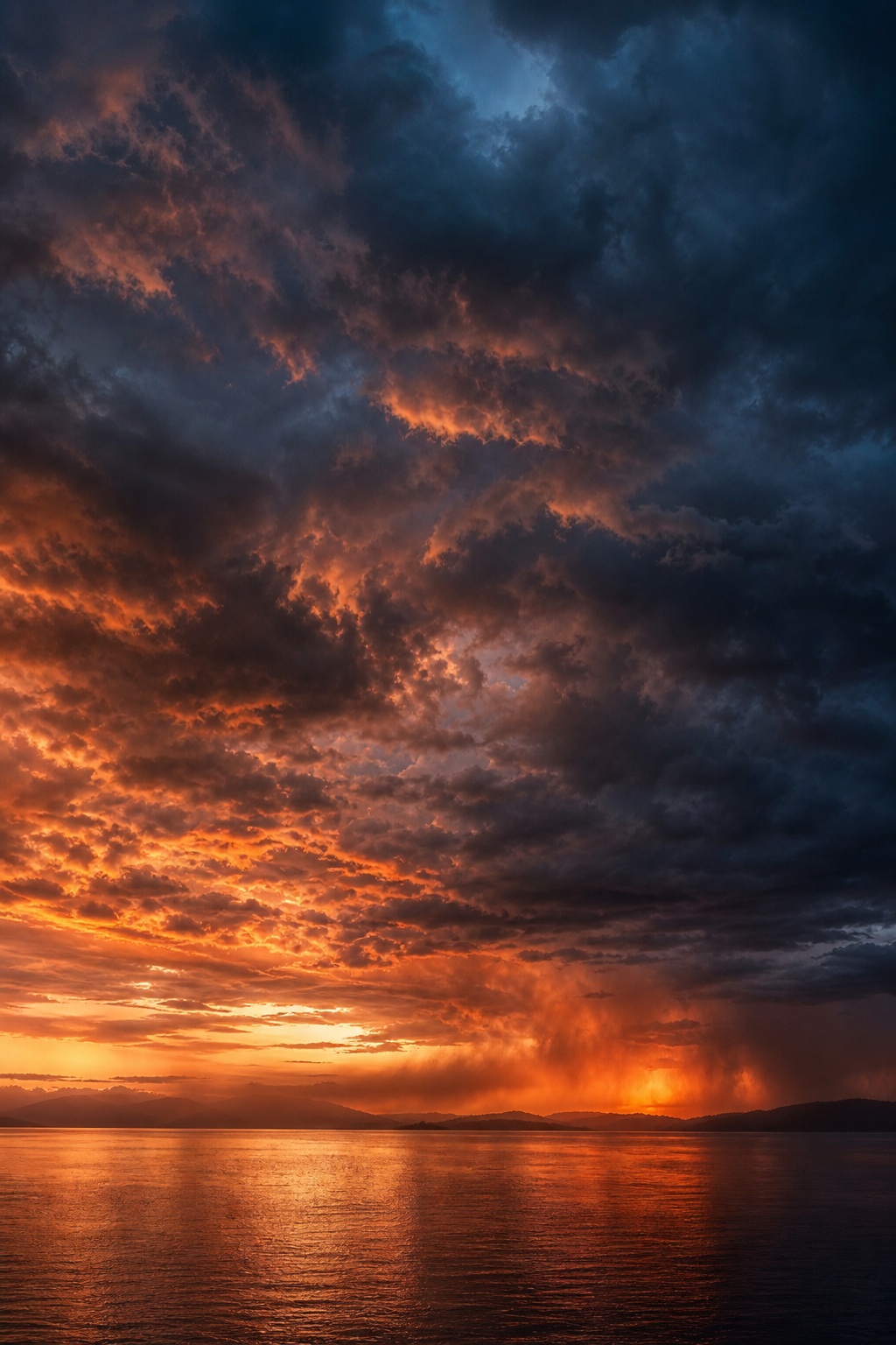 Dark storm clouds glowing with a copper-orange afterglow over calm water