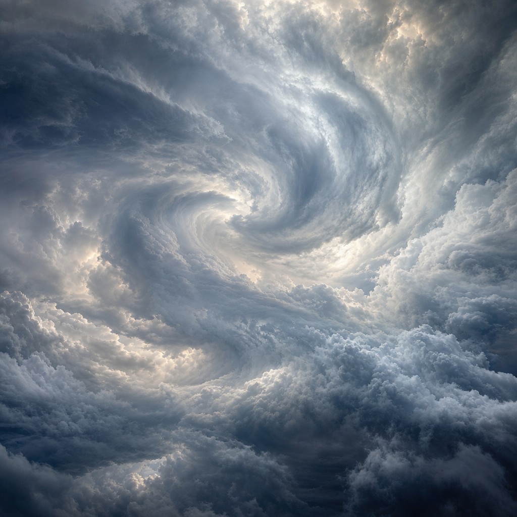 Swirling storm clouds forming a dramatic atmospheric sky with layered gray cloud texture