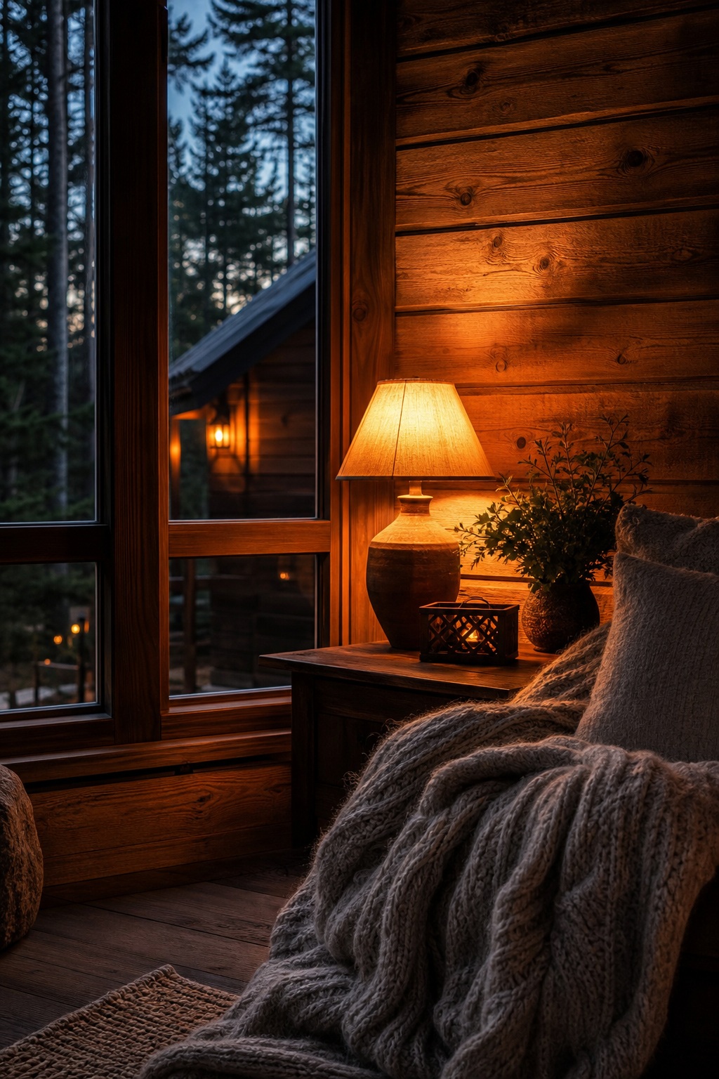 Warm cabin corner with wood walls, lit table lamp, window view, and cozy chair.