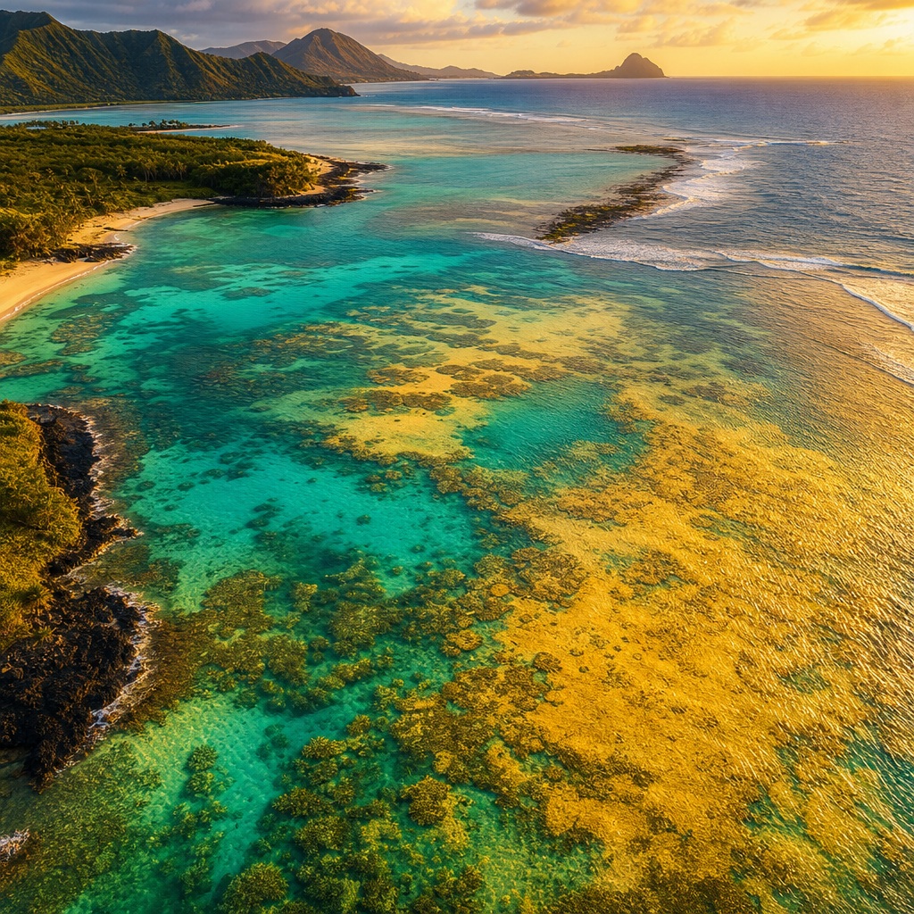 Aerial view of tropical blue water and golden shallow reefs near a coastal shoreline
