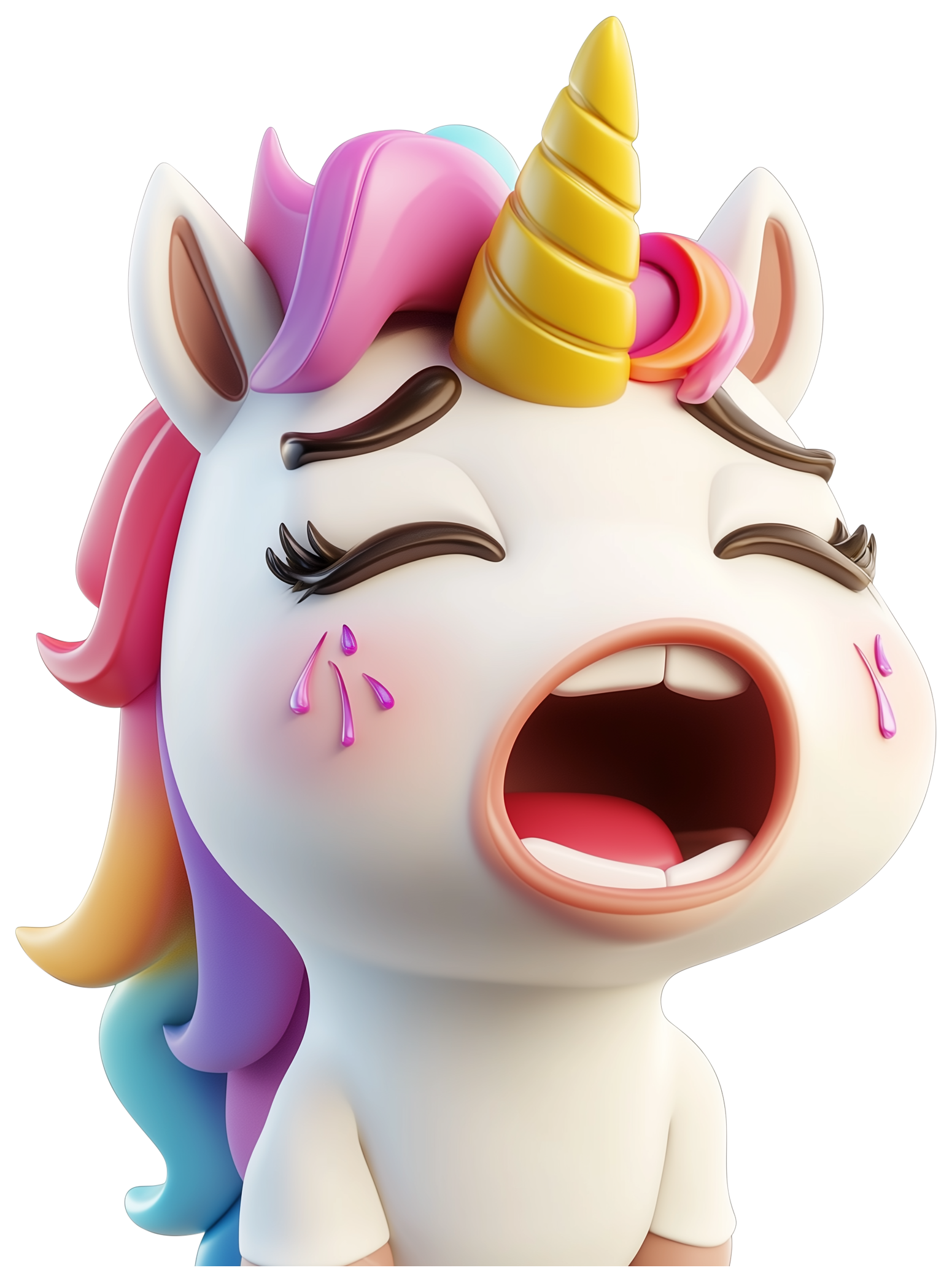Cute cartoon unicorn emoji with rainbow mane, golden horn, and open mouth