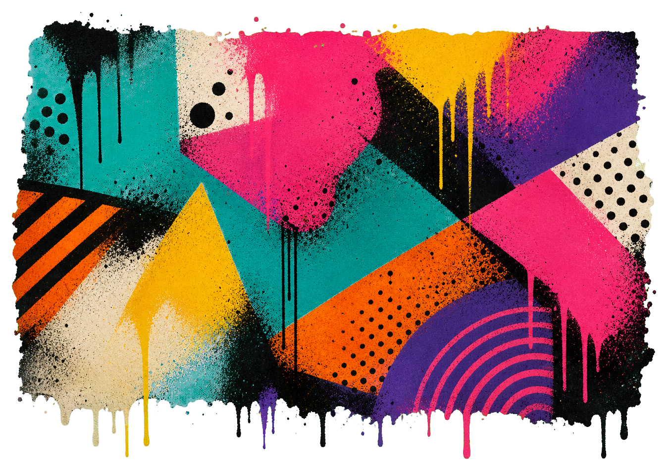Colorful abstract graffiti mural with geometric shapes and paint drips.
