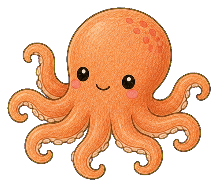 Cute orange common octopus with a smiling face and curled tentacles