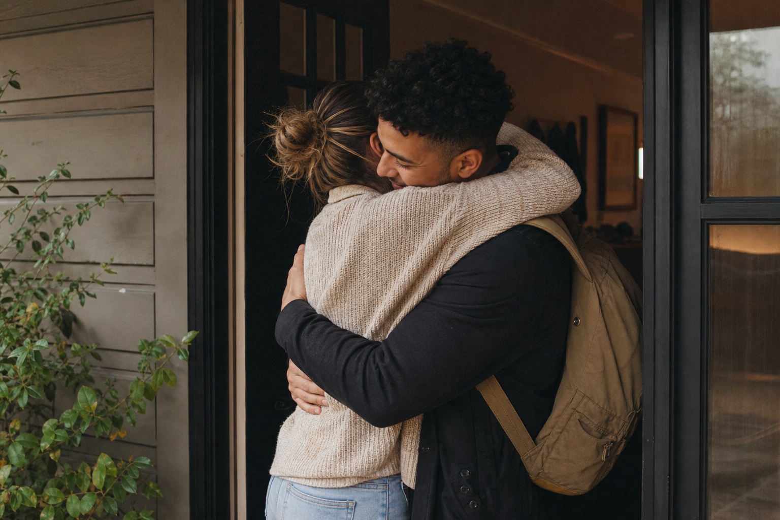 A couple hugging closely in a doorway during a candid goodbye moment.