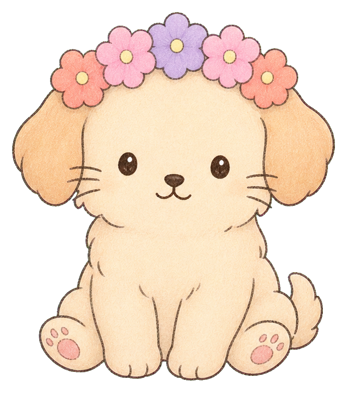 Cute kawaii puppy sitting with a flower crown on its head.