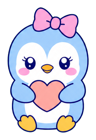 Cute pastel blue penguin with a pink bow holding a heart
