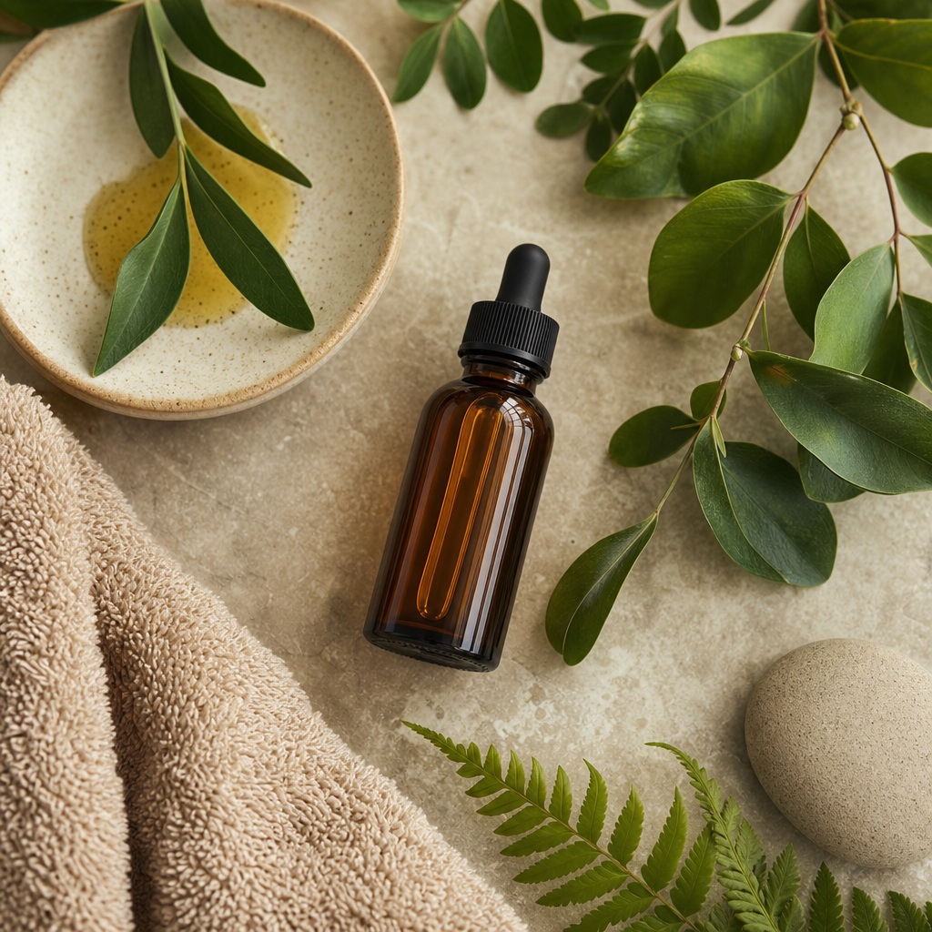 Amber dropper bottle with green leaves, stones, and textured towel in a spa flatlay