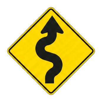Yellow diamond road sign with a black winding arrow symbol
