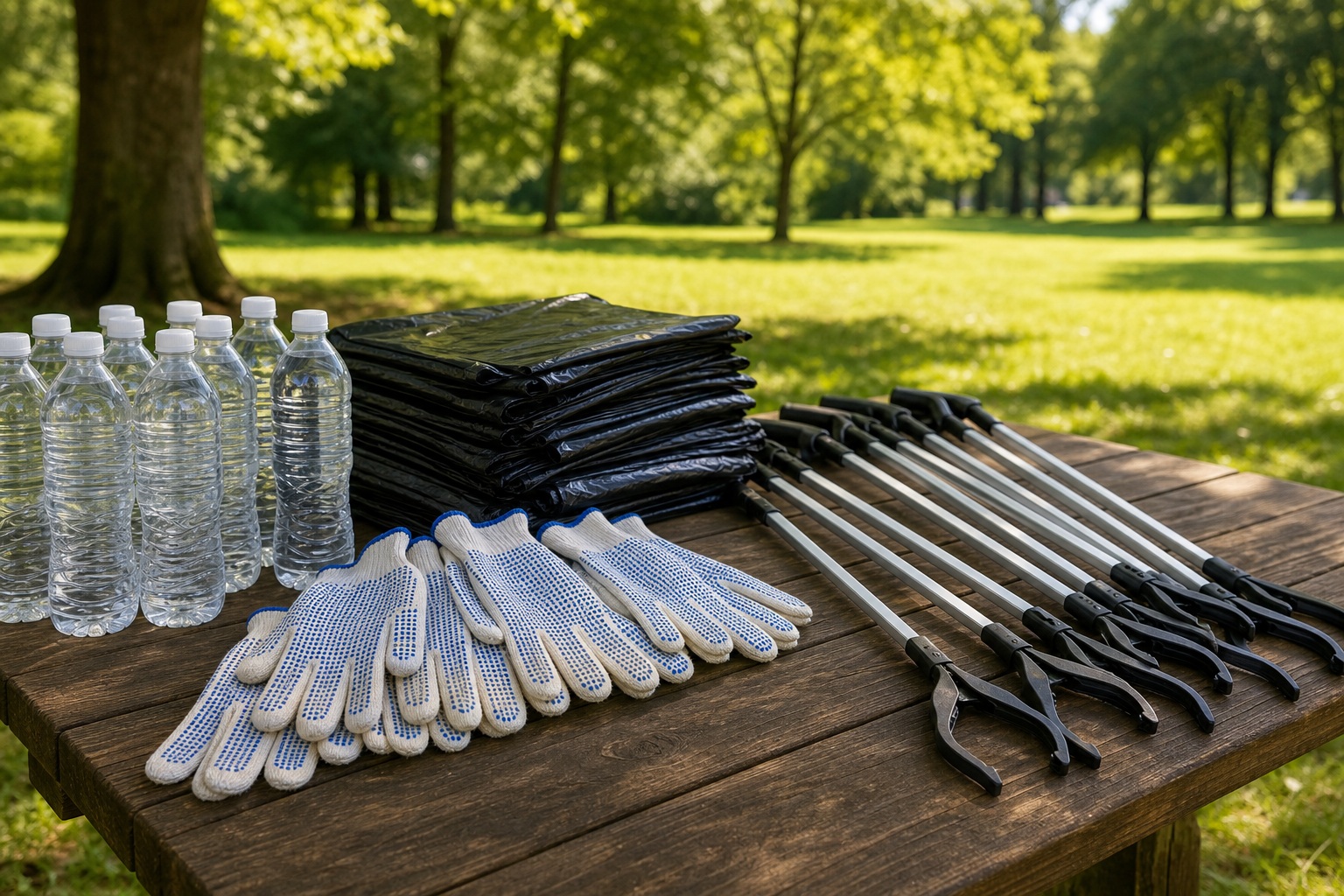 Cleanup supplies on a wooden park table with gloves, trash bags, and water bottles.