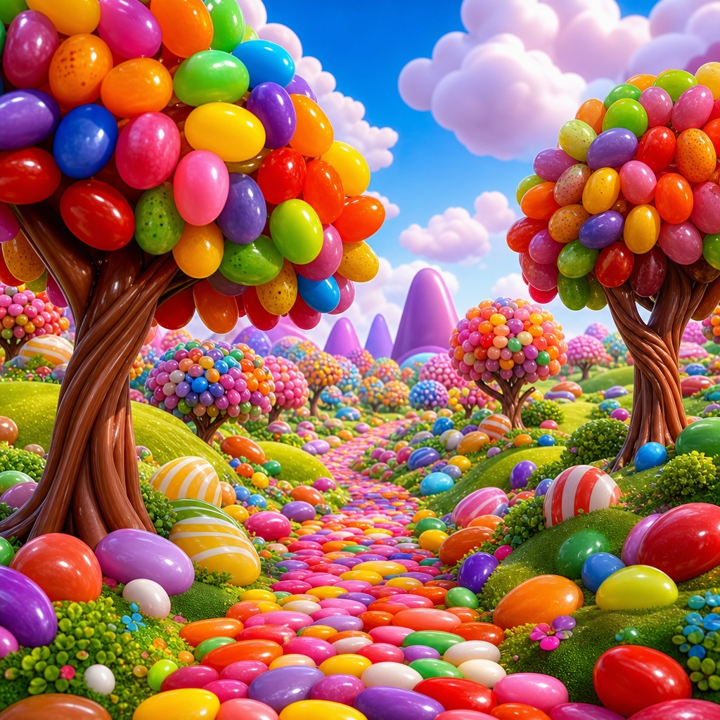 Colorful candy forest with gumdrop trees and a bright jellybean path