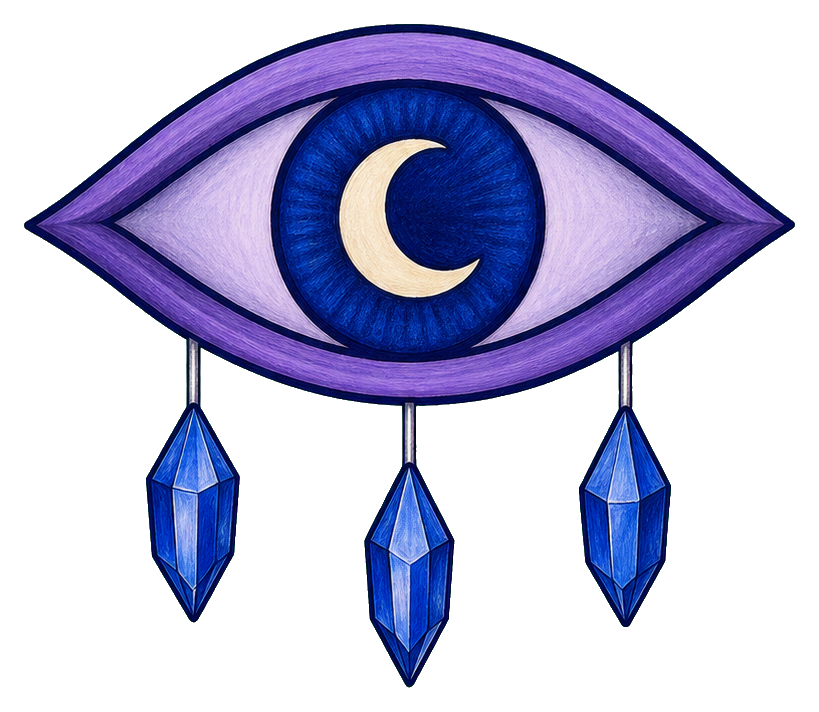 Purple and blue eye with a crescent moon iris and three hanging sapphire teardrops