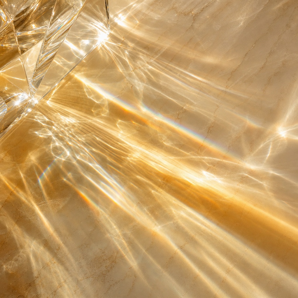 Warm golden abstract glass refraction with bright light streaks and soft shadow patterns