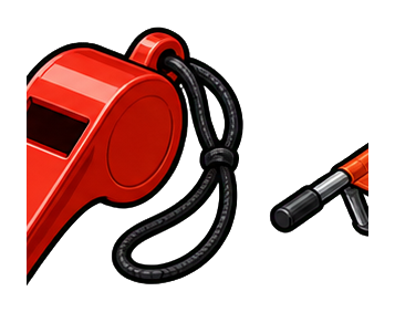 Red rescue whistle with black lanyard and small orange whistle graphic