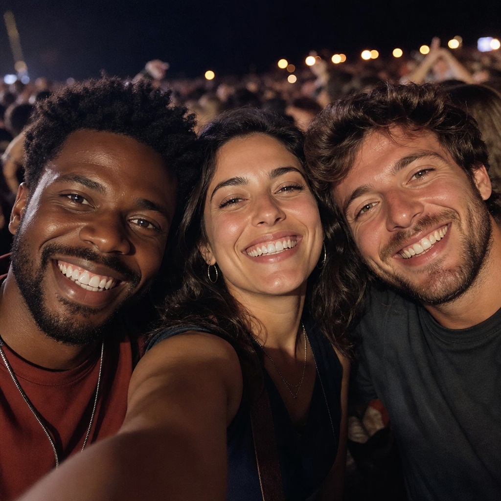 Three smiling friends posing for a night selfie with blurred lights in the background