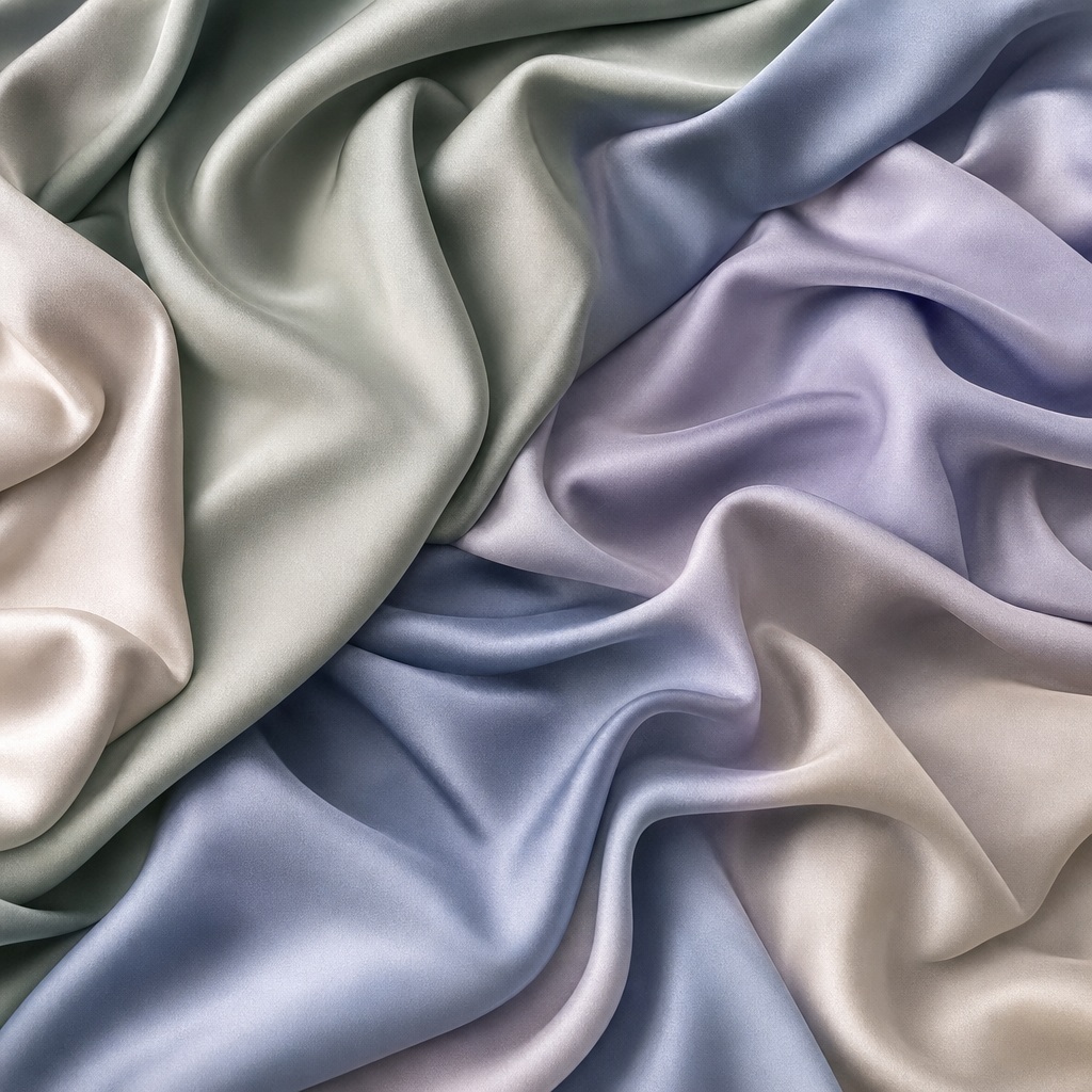 Soft sage, lavender, and cream satin folds forming smooth abstract waves.