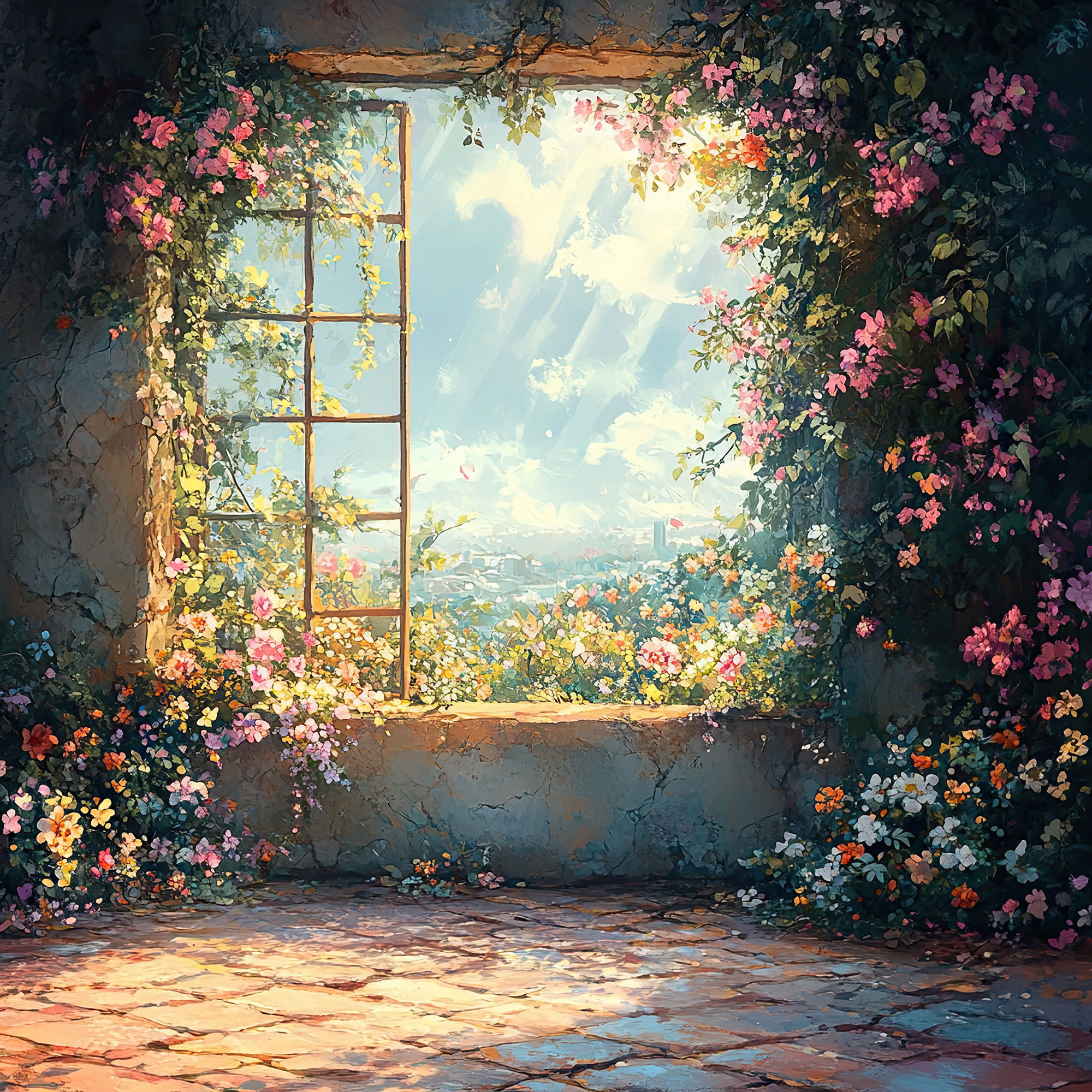 Preview for Floral-window-serene-view-nature-backdrop-background-819b9