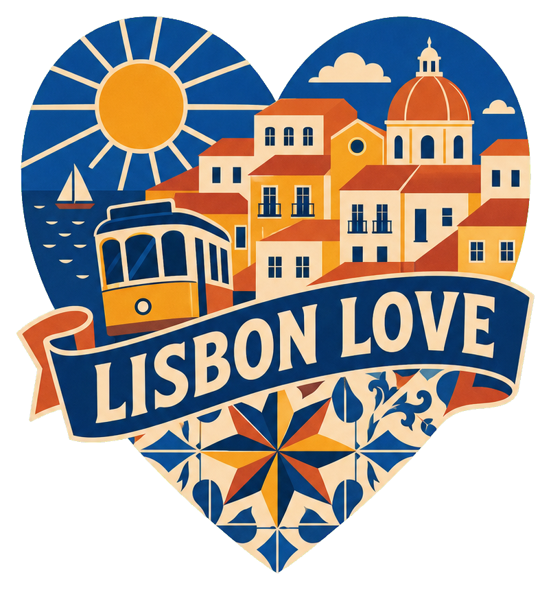 Illustrated Lisbon love sticker with colorful city buildings, tram, sun, and banner text.