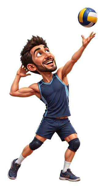 Caricature volleyball player reaching up to serve a ball