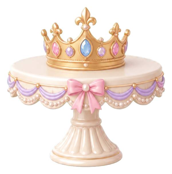Decorative cake stand topped with a gold crown and pink ribbon bow