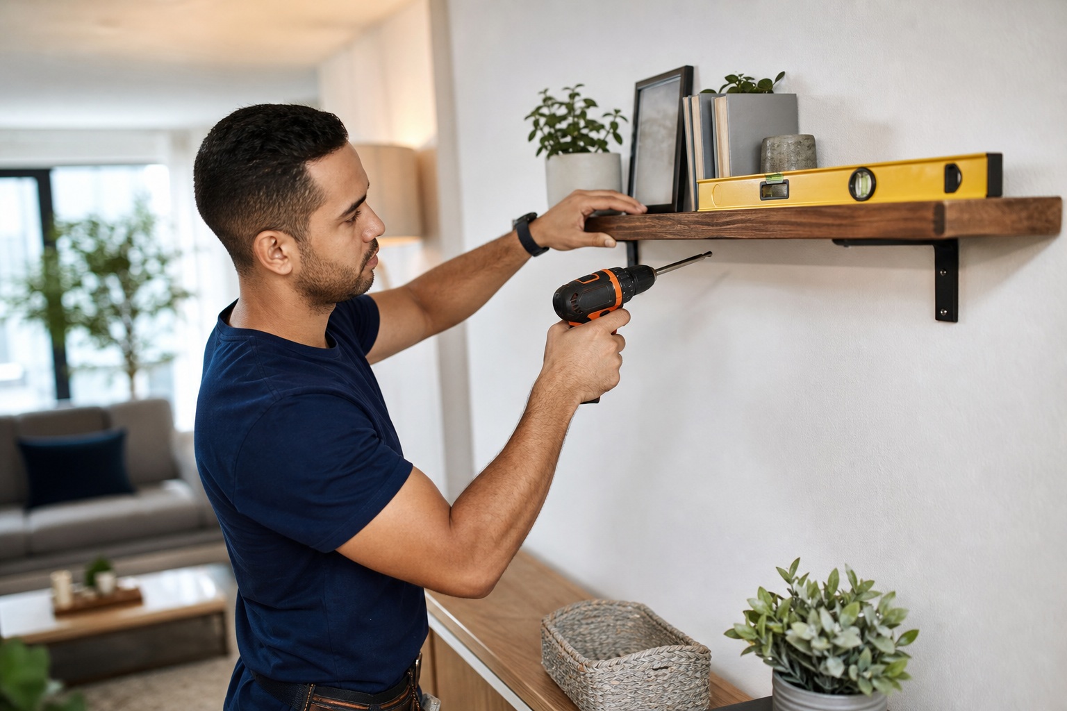 A man drilling a wooden shelf in a bright home interior