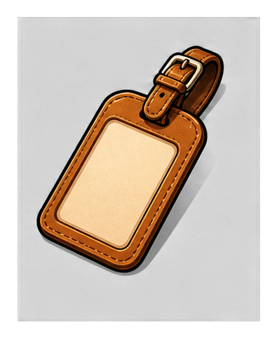Blank brown luggage tag sticker with a strap and empty label area.