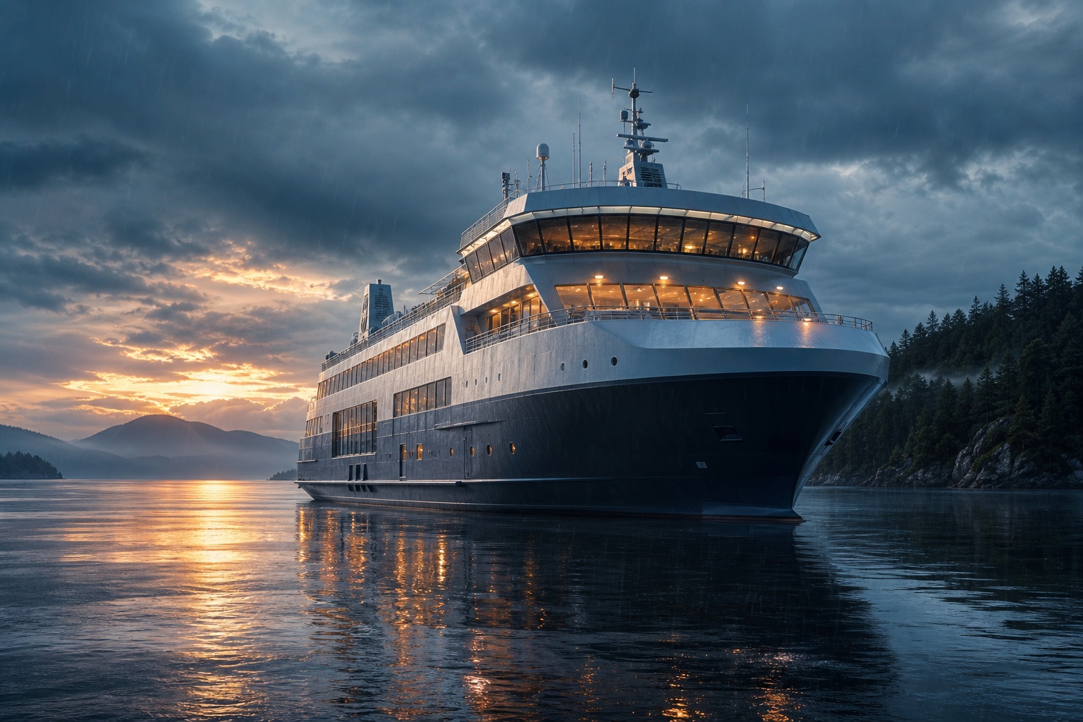 Large ferry ship on calm water at sunset with glowing reflections and dark cloudy sky