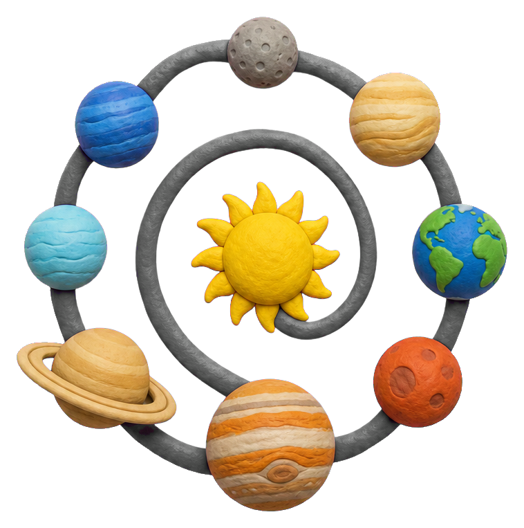 Clay-style solar system with the sun and planets arranged in orbit