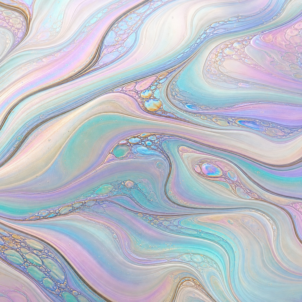Pastel iridescent ribbons swirling across a fluid pearl-colored surface