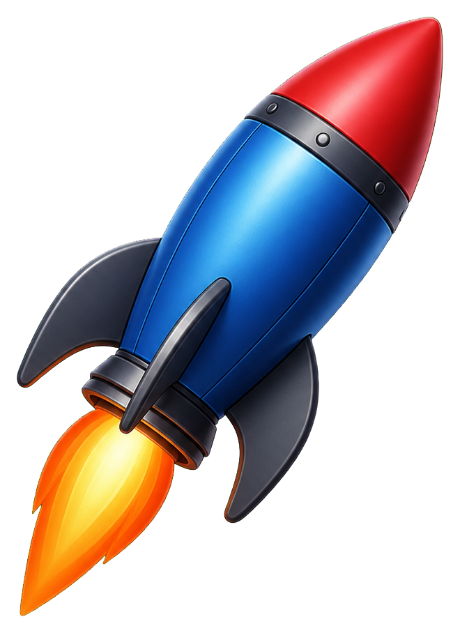Blue and red rocket with flames firing from the bottom