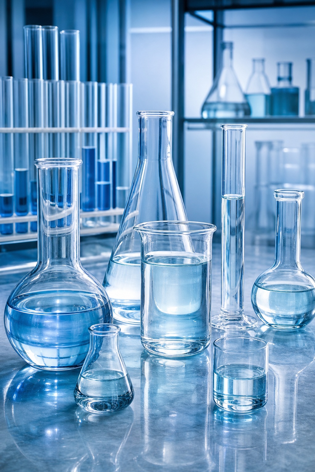 Blue-toned laboratory glassware and research equipment on a clean lab bench
