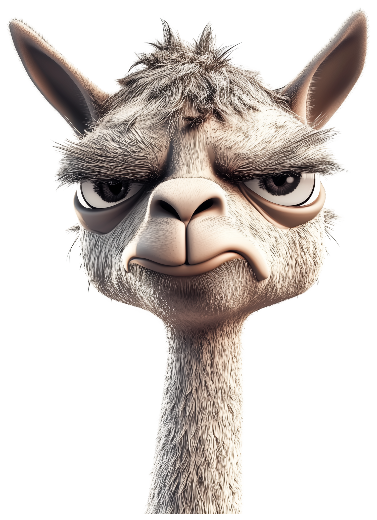 A 3D cartoon llama head with fluffy fur and a serious expression.