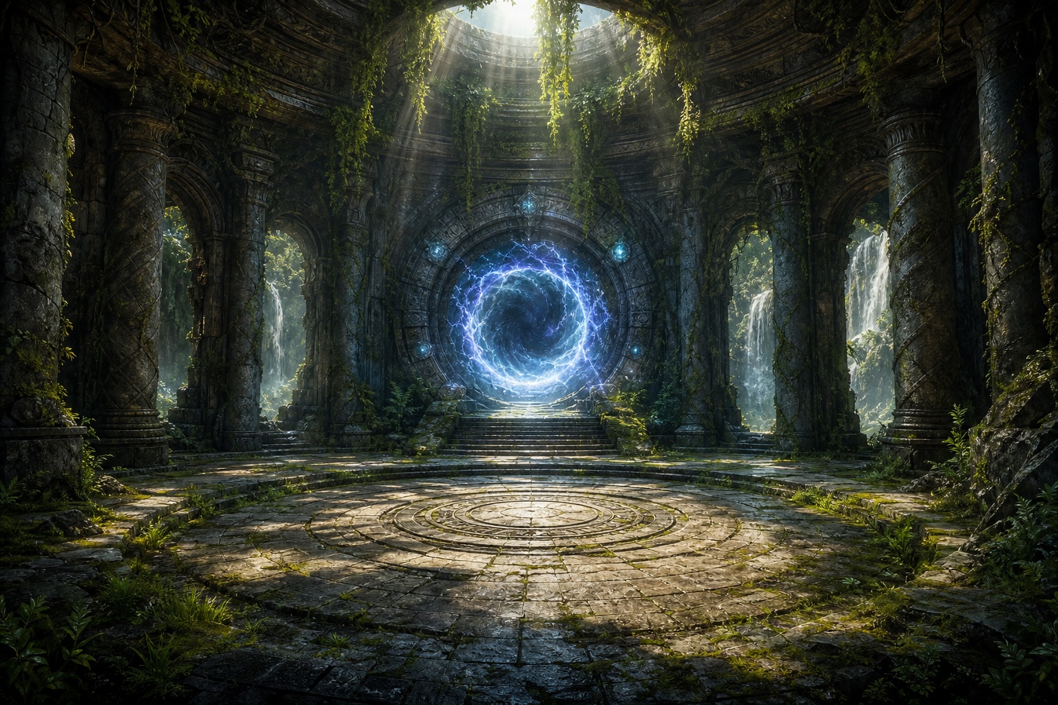 Ancient stone ruins with a glowing blue portal in a dark fantasy forest