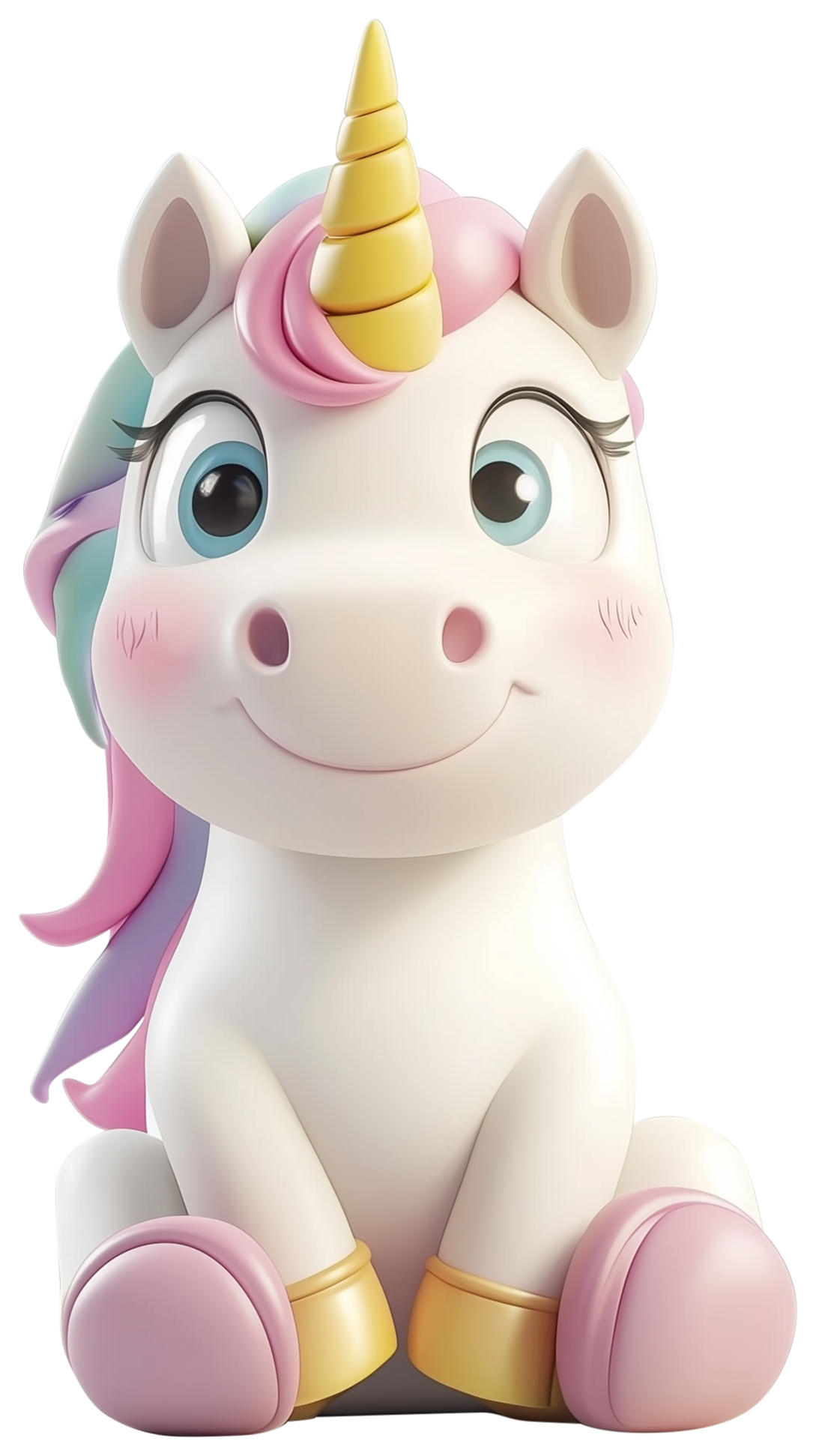 Cute 3D unicorn with a pink mane, golden horn, and sitting pose