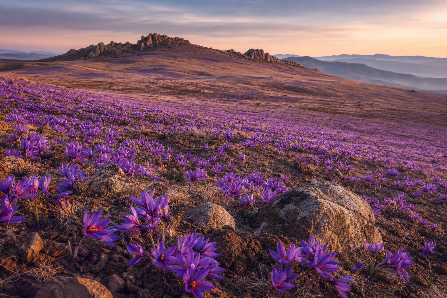 Purple saffron crocus flowers covering rolling farmland with distant hills at sunrise.