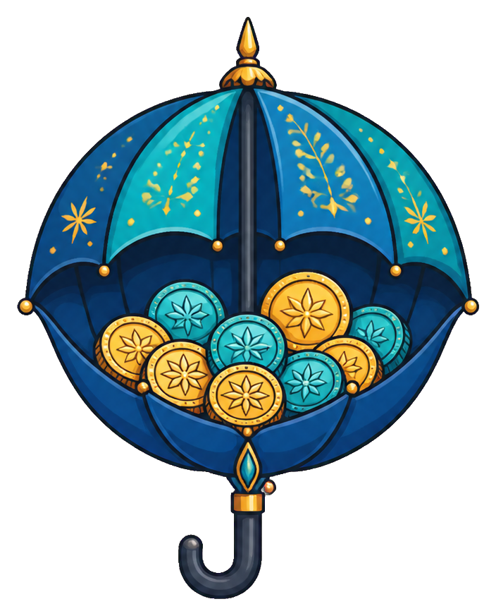 Blue umbrella filled with gold coins and decorative gold accents